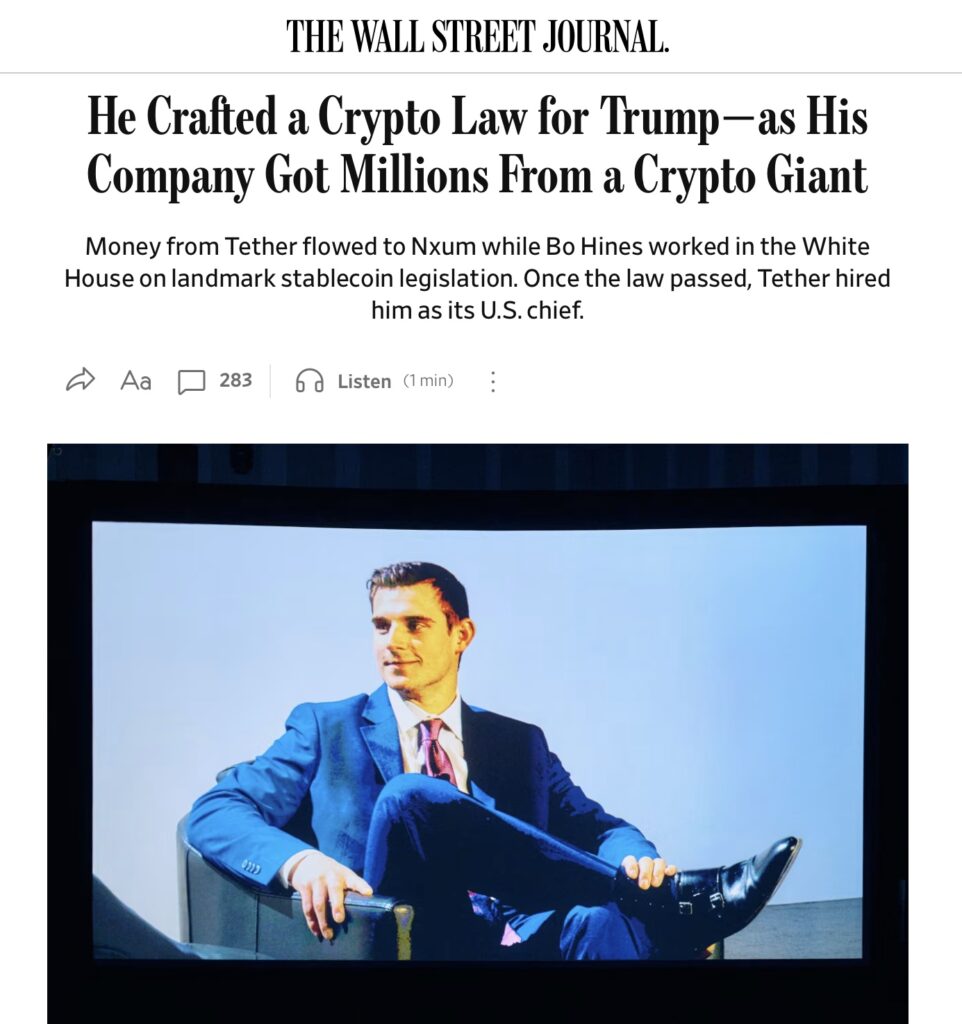 Tether is accused of having paid $6.3 million to a senior White House adviser to shape stablecoin laws to its advantage. The US Senate has just launched an official investigation.