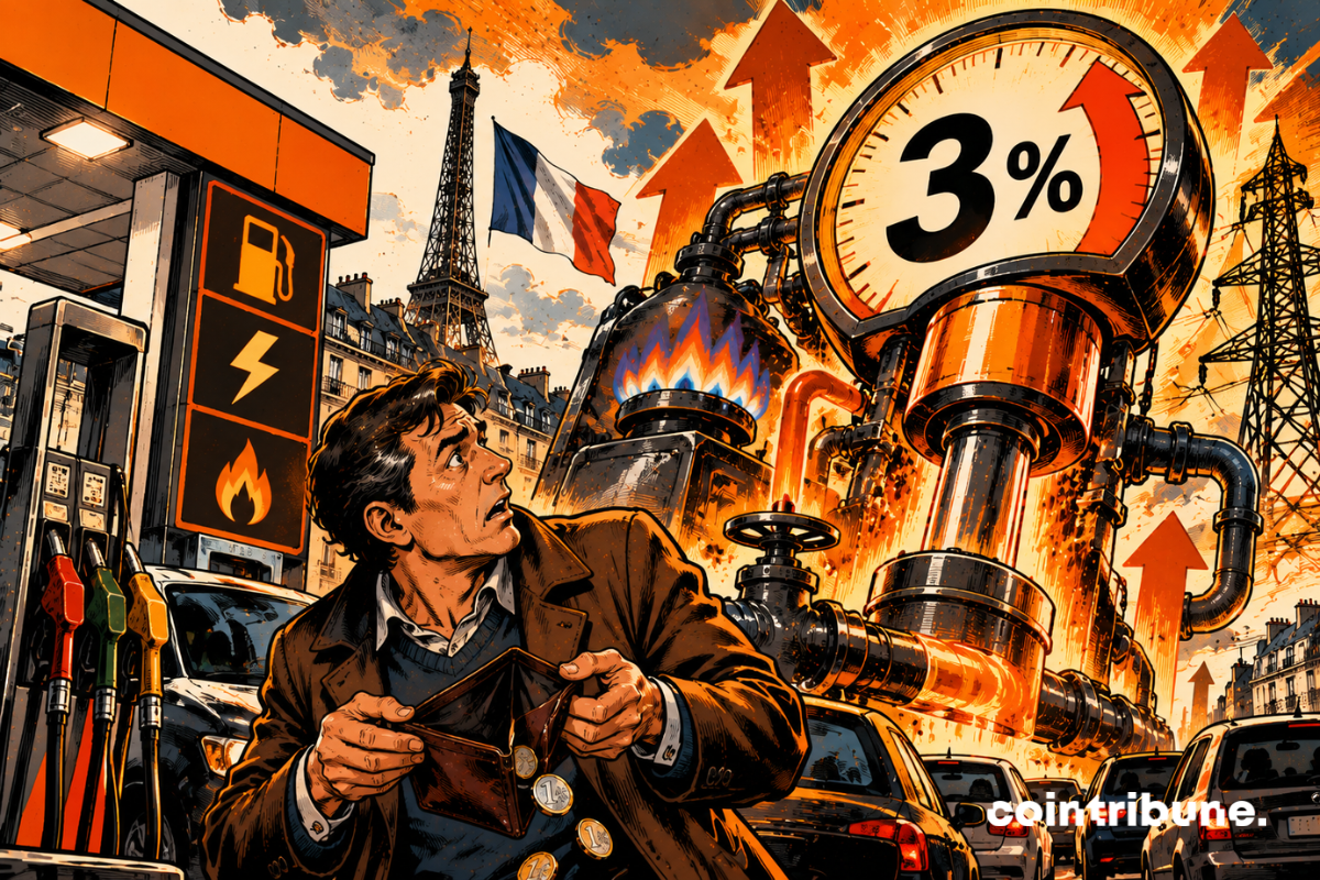 Un consommateur de France occupe le premier plan devant une station-service, portefeuille ouvert à la main et visage inquiet. Derrière lui surgit une gigantesque machine énergétique composée d’une pompe à carburant, de câbles électriques, de flammes de gaz et de pylônes. Cette machine actionne un énorme piston orange qui pousse vers le haut une jauge mécanique affichant uniquement “3 %”. Le consommateur regarde la jauge grimper avec stupéfaction tandis que quelques pièces s’échappent de son portefeuille.