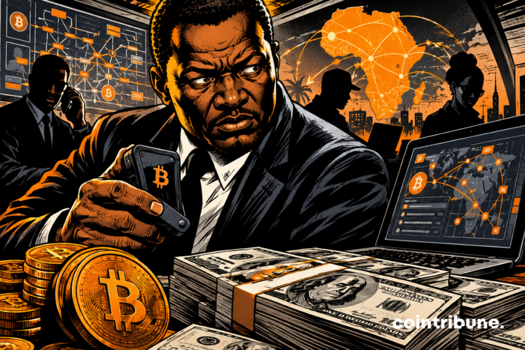 Illustration d’un réseau de blanchiment crypto en Afrique, avec des bitcoins, des liasses de dollars et des écrans d’analyse financière.