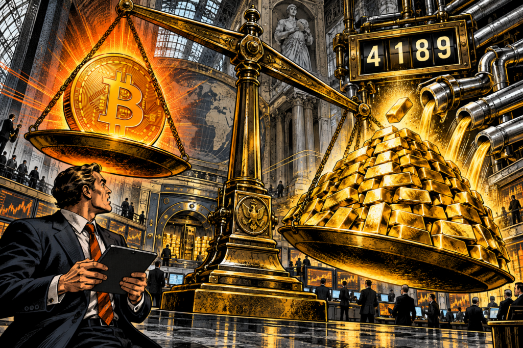 Une balance oppose Bitcoin à une montagne d’or sous un compteur affichant 4 189.