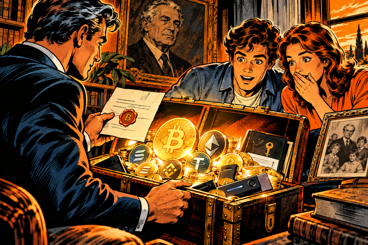 Illustration de style bande dessinée : des proches se penchent sur un coffre ouvert qui contient des cryptomonnaies.