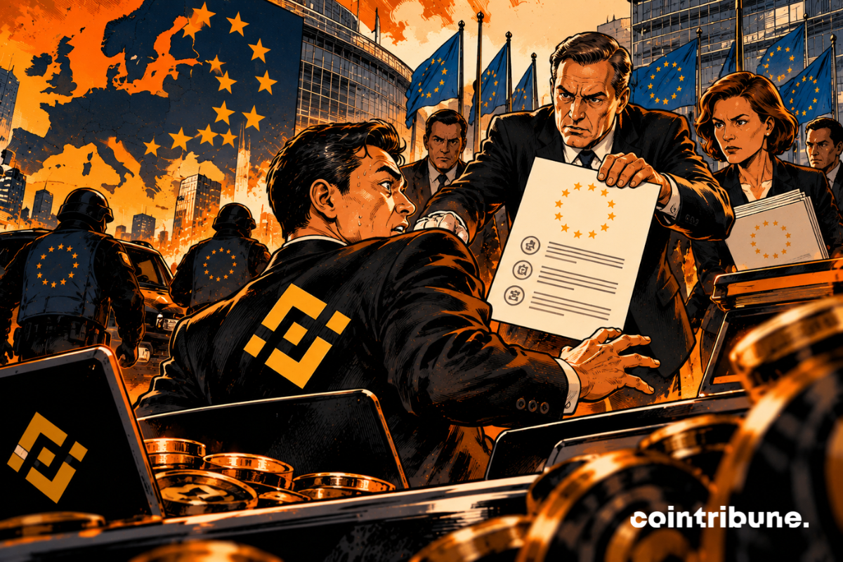 Une confrontation directe entre la plateforme et les autorités européennes. Au centre, le représentant de Binance est acculé à son poste de travail. Son expression inquiète et sa posture en retrait matérialisent la pression réglementaire. Les ordinateurs et actifs crypto autour de lui suggèrent que des services de la plateforme continuent de fonctionner. À droite, les régulateurs européens présentent un document officiel. Ils incarnent le cadre réglementaire MiCA et le contrôle exercé sur les activités crypto. Leur position dominante renforce le rapport de force.