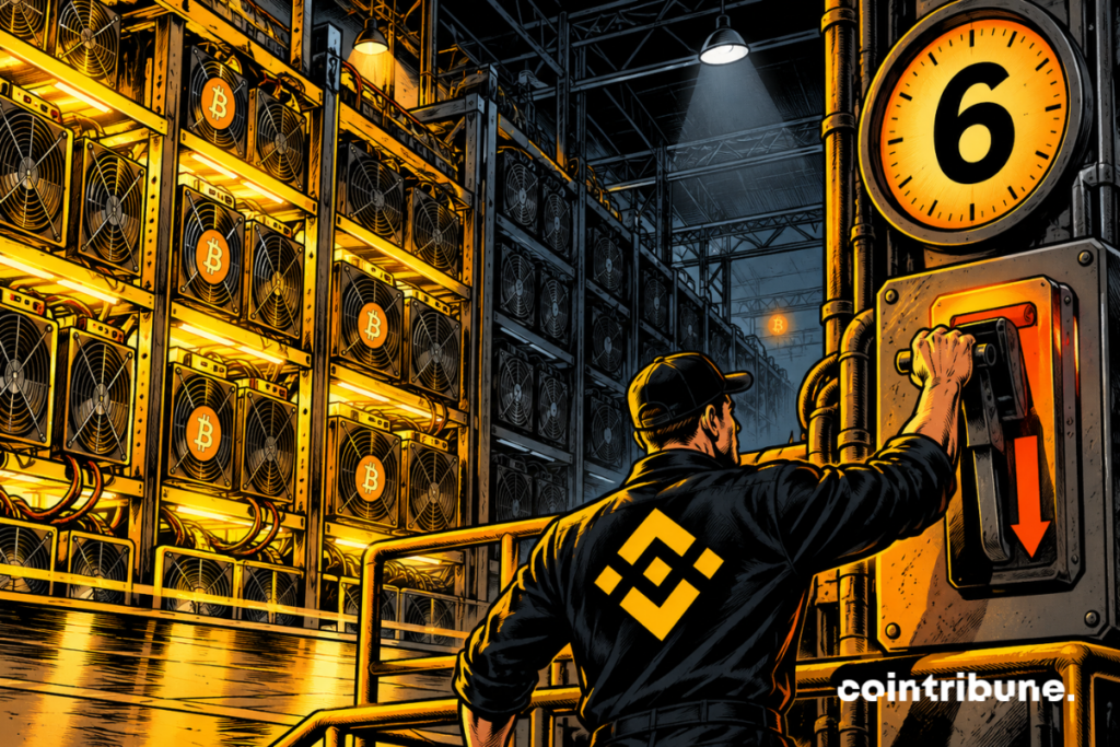 Un technicien coupe une ferme de minage crypto tandis qu’un cadran affiche 6 et que les machines s’éteignent.