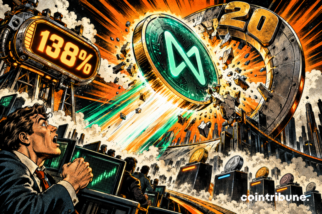 The NEAR token surges 138% and breaks through a ring marked “20” in the crypto market.
