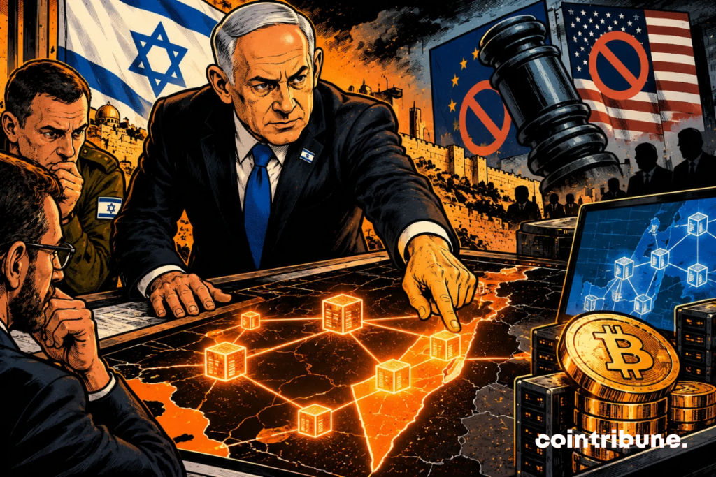 La scène illustre la volonté de Benjamin Netanyahu d’explorer la blockchain face au risque de sanctions internationales contre Israël. Au centre, le Premier ministre israélien, déterminé, dirige une réunion stratégique autour d’une carte numérique lumineuse. Les blocs interconnectés symbolisent les possibilités offertes par la blockchain pour renforcer les infrastructures financières. À droite, les drapeaux américain et européen, accompagnés de symboles d’interdiction et d’un marteau judiciaire, représentent les sanctions potentielles. Le Bitcoin et les serveurs évoquent les technologies financières décentralisées. L’ensemble traduit une stratégie d’anticipation face aux pressions géopolitiques, sans suggérer que des sanctions sont déjà appliquées.
