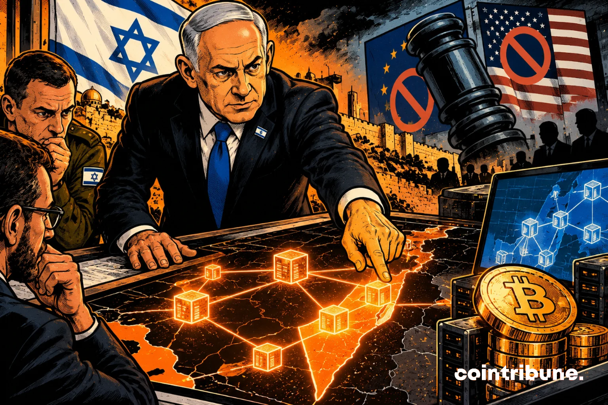 La scène illustre la volonté de Benjamin Netanyahu d’explorer la blockchain face au risque de sanctions internationales contre Israël. Au centre, le Premier ministre israélien, déterminé, dirige une réunion stratégique autour d’une carte numérique lumineuse. Les blocs interconnectés symbolisent les possibilités offertes par la blockchain pour renforcer les infrastructures financières. À droite, les drapeaux américain et européen, accompagnés de symboles d’interdiction et d’un marteau judiciaire, représentent les sanctions potentielles. Le Bitcoin et les serveurs évoquent les technologies financières décentralisées. L’ensemble traduit une stratégie d’anticipation face aux pressions géopolitiques, sans suggérer que des sanctions sont déjà appliquées.