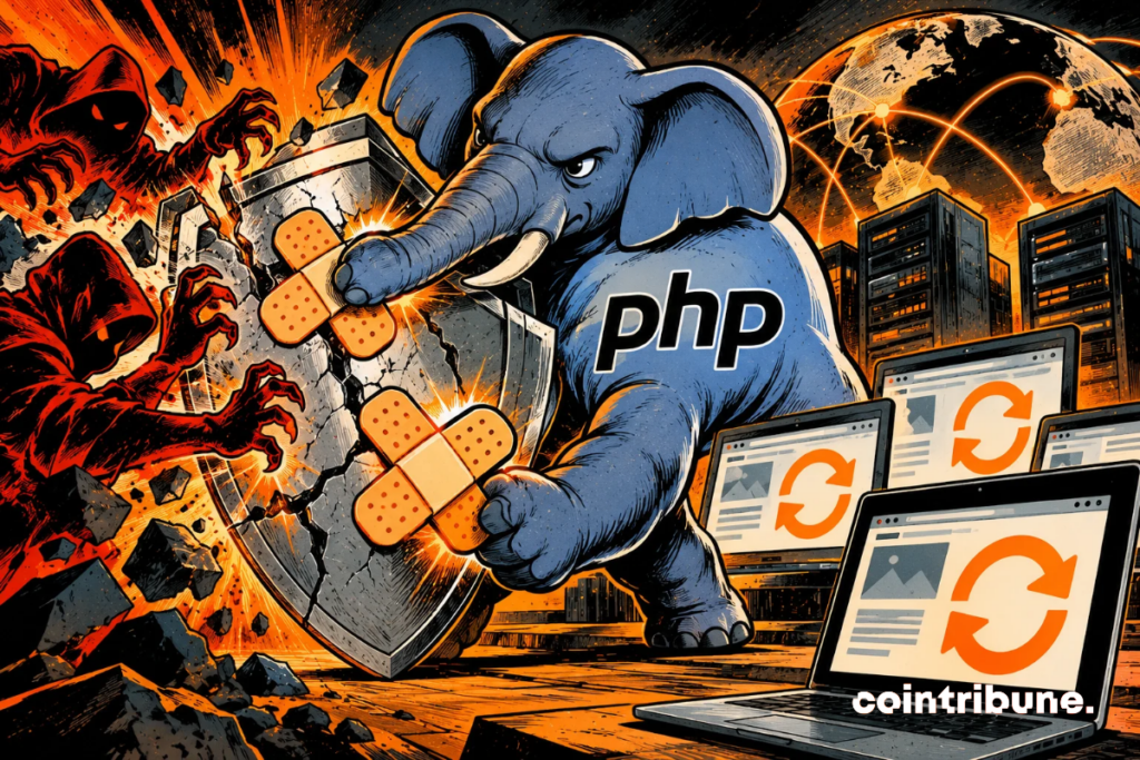La scène illustre la correction de deux failles de sécurité dans PHP et l’urgence de mettre à jour les sites web. Au centre, un éléphant bleu, mascotte emblématique de PHP, protège un immense bouclier fissuré contre des pirates informatiques menaçants. Les deux pansements orange symbolisent les correctifs publiés pour réparer les vulnérabilités. À gauche, les silhouettes encapuchonnées représentent les cybercriminels susceptibles d’exploiter ces failles. À droite, les ordinateurs affichant des symboles d’actualisation évoquent les mises à jour nécessaires. L’ensemble souligne l’importance d’installer rapidement les versions corrigées de PHP pour renforcer la sécurité des infrastructures web.