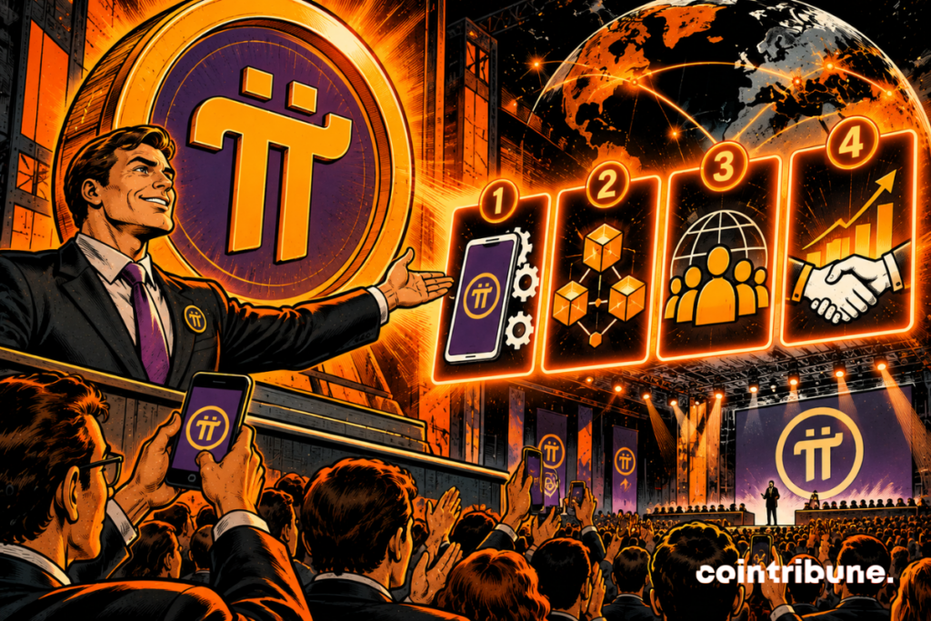 The scene illustrates the announcement of four major updates by Pi Network ahead of its first Ecosystem Summit. On the left, an enthusiastic leader presents the new features in front of a giant glowing Pi coin. At the center, four numbered signs symbolize the announced developments: application improvements, blockchain development, community strengthening, and partnership expansion. In the background, a connected globe evokes the project's international ambitions. In the foreground, an enthusiastic crowd waves smartphones displaying the Pi symbol. Overall, it captures the excitement surrounding these announcements and the expectations raised by this major event for the Pi Network ecosystem.