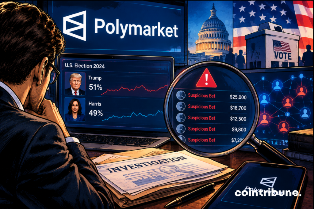 Illustration de Polymarket surveillant des paris suspects sur les élections américaines, avec des alertes, un écran de trading et le Capitole en arrière-plan.