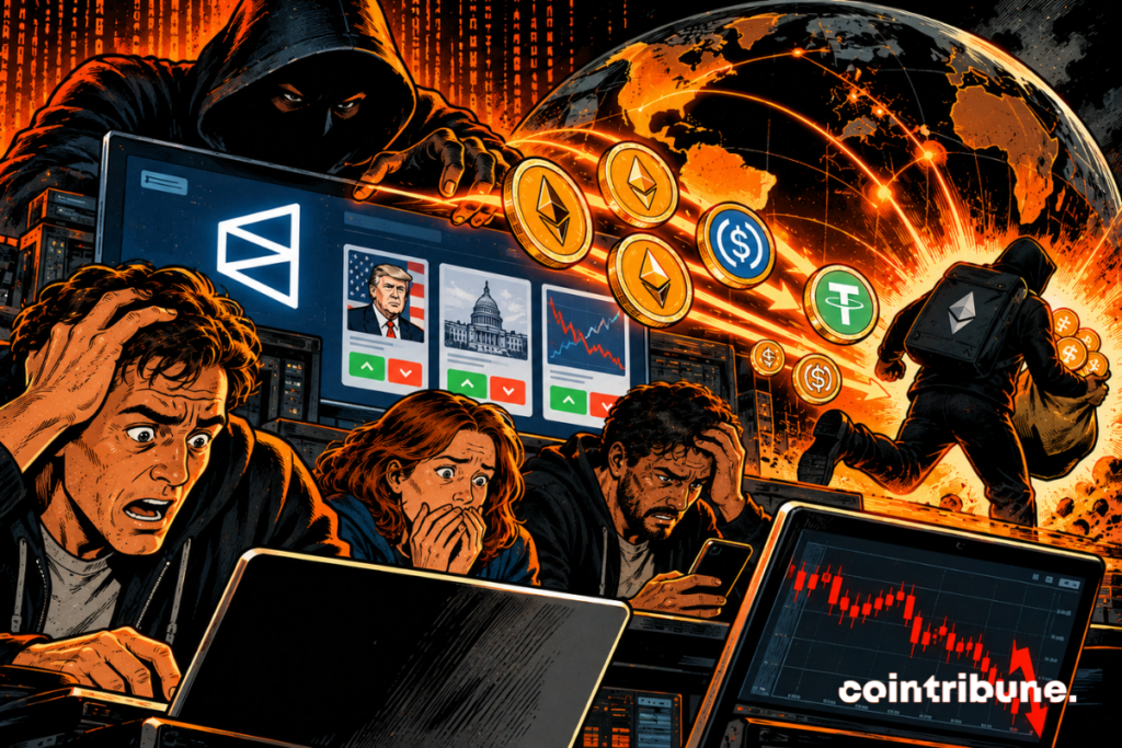 The scene illustrates the loss of funds suffered by Polymarket users following a hack. On the left, a hooded hacker manipulates a digital interface, symbolizing malicious intrusion. In the foreground, several panicked investors discover the disappearance of their cryptocurrencies on their screens. At the center, the Polymarket interface recalls the world of prediction markets. Ethereum coins and stablecoins fly away toward a mysterious thief, representing the diverted funds. The connected globe highlights the platform's international reach. Overall, it evokes cybersecurity risks, without specifying the exact origin of the exploited flaw.