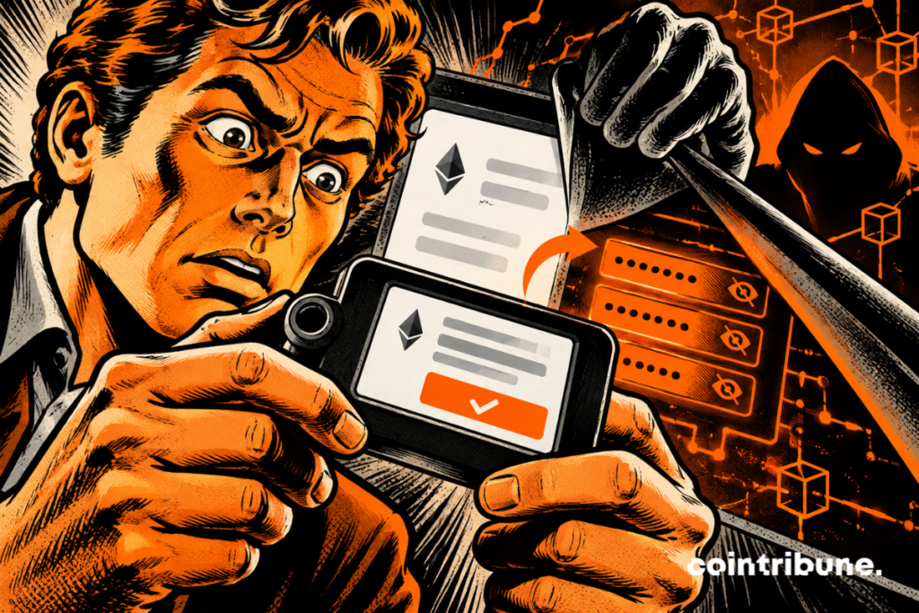 Illustration de style bande dessinée : un homme tient un portefeuille crypto dont l’écran n’affiche qu’une partie des informations de la transaction.