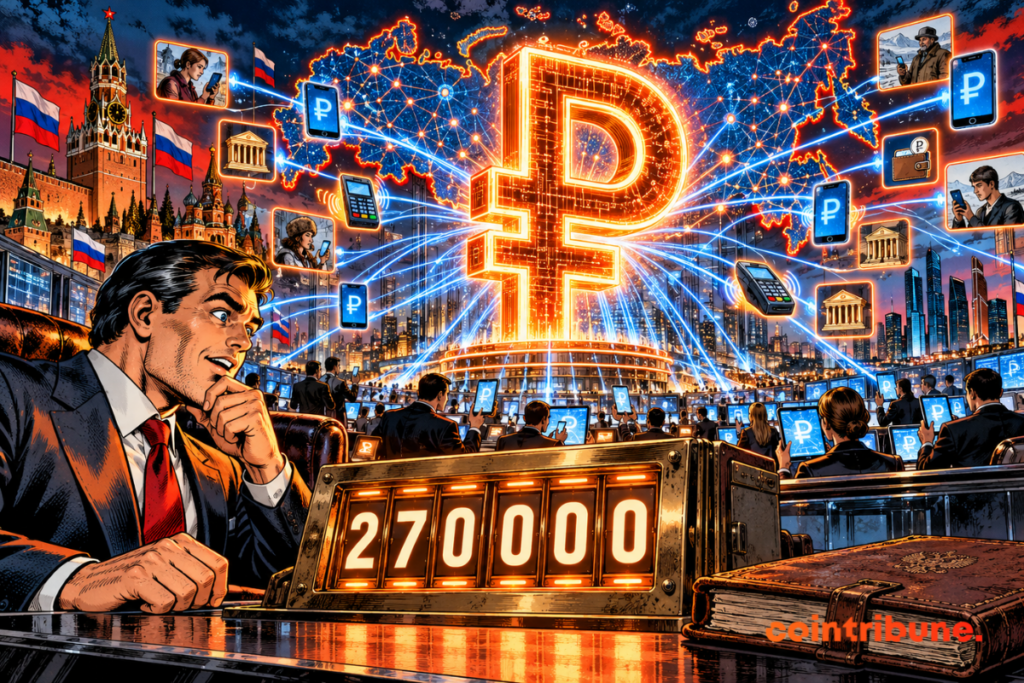 Un rouble numérique géant connecte des milliers de comptes en Russie, sous un compteur affichant 270 000.