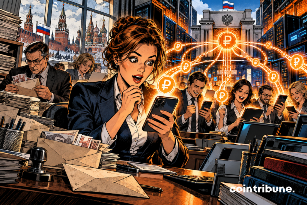 Government employees receive digital rubles on their smartphones inside a Russian government office.