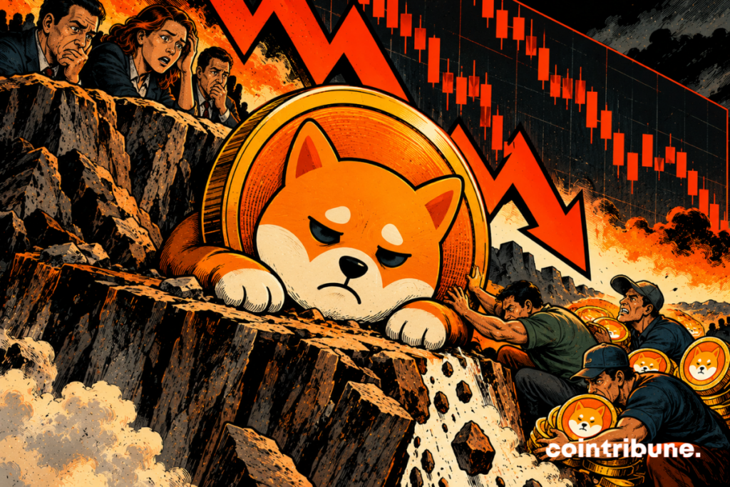 The scene illustrates the persistent bearish pressure on Shiba Inu and the difficulties buyers face in reviving its price. At the center, a gigantic personified SHIB coin appears exhausted, slumped over a rocky cliff. Behind it, a huge descending red arrow and bearish charts symbolize the market's weakness. On the left, several anxious investors observe the situation, fearing another correction. On the right, a few buyers struggle to support Shiba Inu, while others carry tokens. Overall, it highlights the imbalance between selling pressure and a demand that is still insufficient to trigger a lasting rebound.
