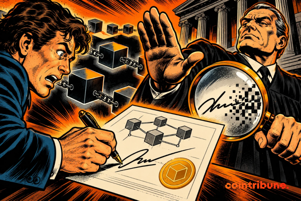 Illustration d’un homme qui signe un certificat scellé orné de blocs reliés, tandis qu’un inspecteur examine la signature à la loupe, sur fond de chaîne de blocs.