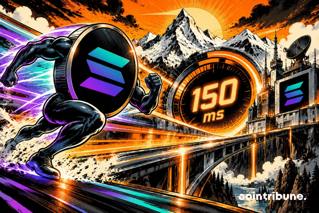 La scène illustre l’ambition de Solana d’atteindre une finalité des transactions en seulement 150 millisecondes grâce à Alpenglow. Au premier plan, Solana est personnifié en super-héros lancé à une vitesse spectaculaire, symbolisant l’accélération du réseau. Les traînées lumineuses violettes et orange renforcent cette impression de rapidité. Au centre, un immense compteur affichant 150 ms représente l’objectif technique visé. Les montagnes enneigées évoquent le nom Alpenglow, tandis que les infrastructures futuristes symbolisent les validateurs de la blockchain. L’ensemble traduit une avancée technologique ambitieuse, destinée à rendre les transactions plus rapides et efficaces, sans garantir systématiquement cette performance.