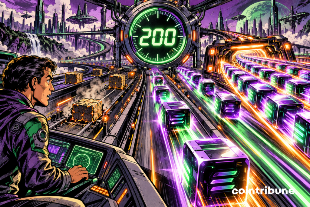 Solana crypto blocks race down a blockchain highway at high speed beneath a display reading 200 ms.