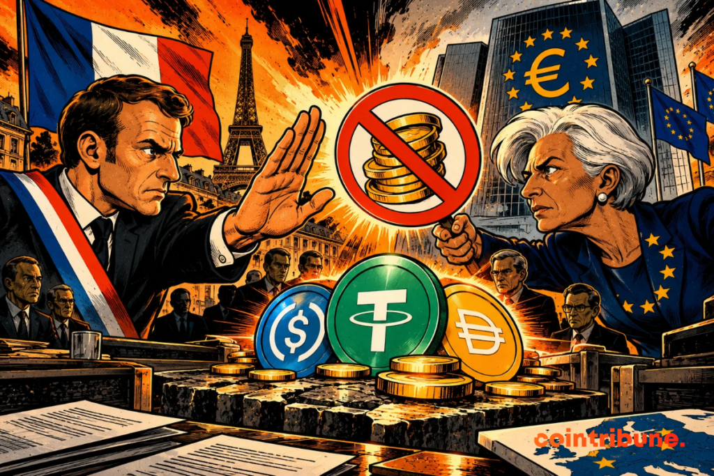 The scene illustrates the disagreement between France and the European Central Bank regarding stablecoin rewards. On the left, a French representative displays firm opposition in front of the tricolor flag and the Eiffel Tower. On the right, Christine Lagarde, personifying the ECB, defends a restrictive stance symbolized by a prohibition sign on coins. At the center, several stablecoins, notably USDC, USDT, and DAI, represent the digital assets involved. The tense expressions highlight the regulatory divergences. Overall, it evokes a political and financial clash over stablecoin reward mechanisms and their regulation within the European Union.