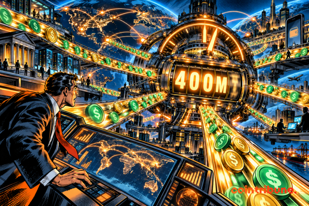 Stablecoins flow at high speed toward a global hub beneath a counter displaying 400M.