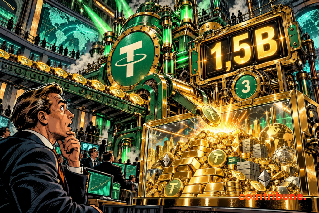 Une immense machine Tether remplit un coffre de profits dorés sous un compteur affichant 1,5B.