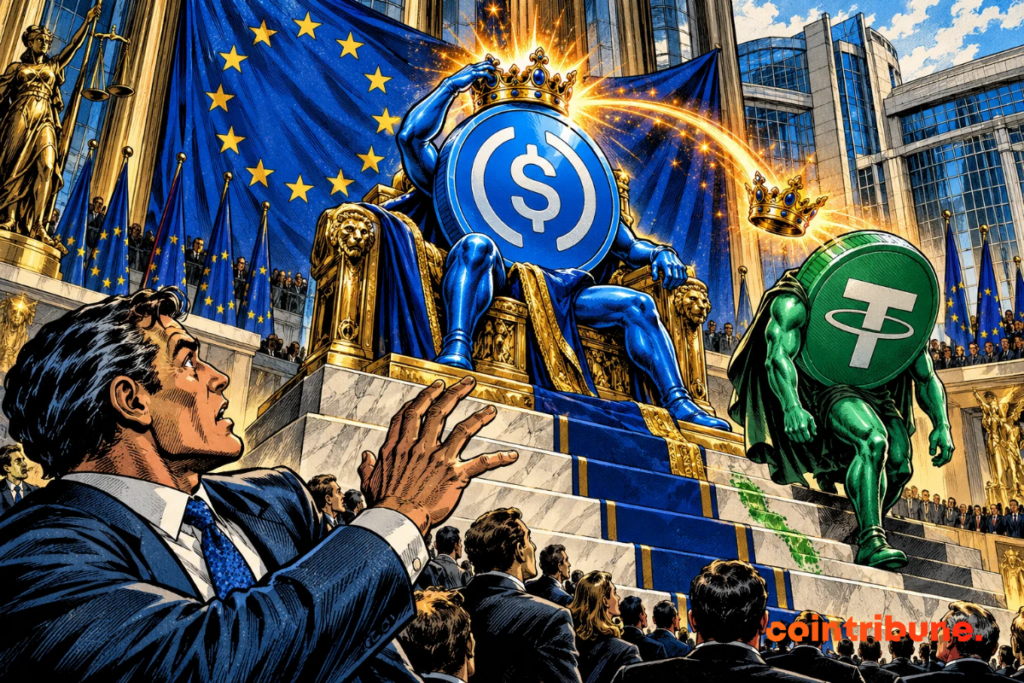 A blue USDC stablecoin takes its place on a European throne, while the green USDT surrenders its crypto crown.
