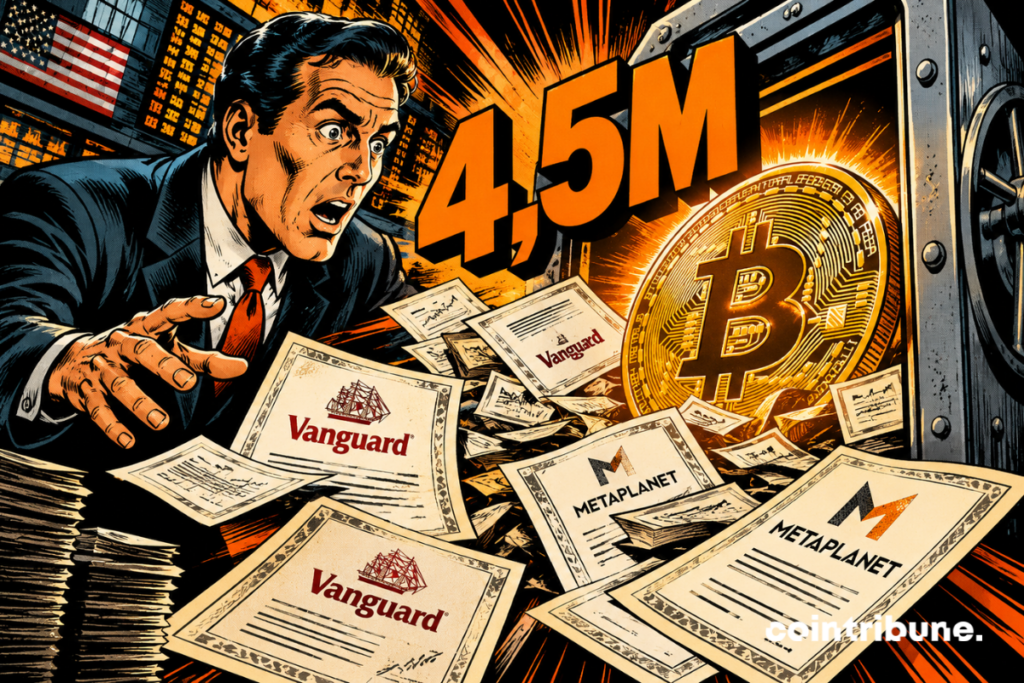 Un investisseur découvre une pièce dorée de Bitcoin entourée de documents Vanguard et Metaplanet, avec le chiffre 4,5 millions.