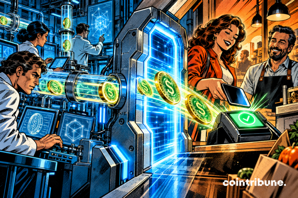 Des stablecoins quittent un laboratoire crypto pour régler un achat sur un terminal de paiement.