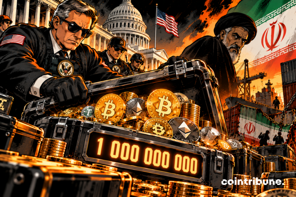 En primer plano, varios agentes federales estadounidenses toman el control de una inmensa cámara acorazada que contiene bitcoins y otras criptomonedas. La cifra 1 000 000 000 subraya la magnitud excepcional de los fondos en cuestión. En el fondo, el Capitolio y la bandera estadounidense simbolizan la autoridad de Washington, mientras que la bandera iraní y los contenedores marítimos evocan las conexiones financieras internacionales en el centro del caso. El personaje iraní, representado en la sombra, encarna la tensión geopolítica entre ambos países, sin identificar a una persona específica.