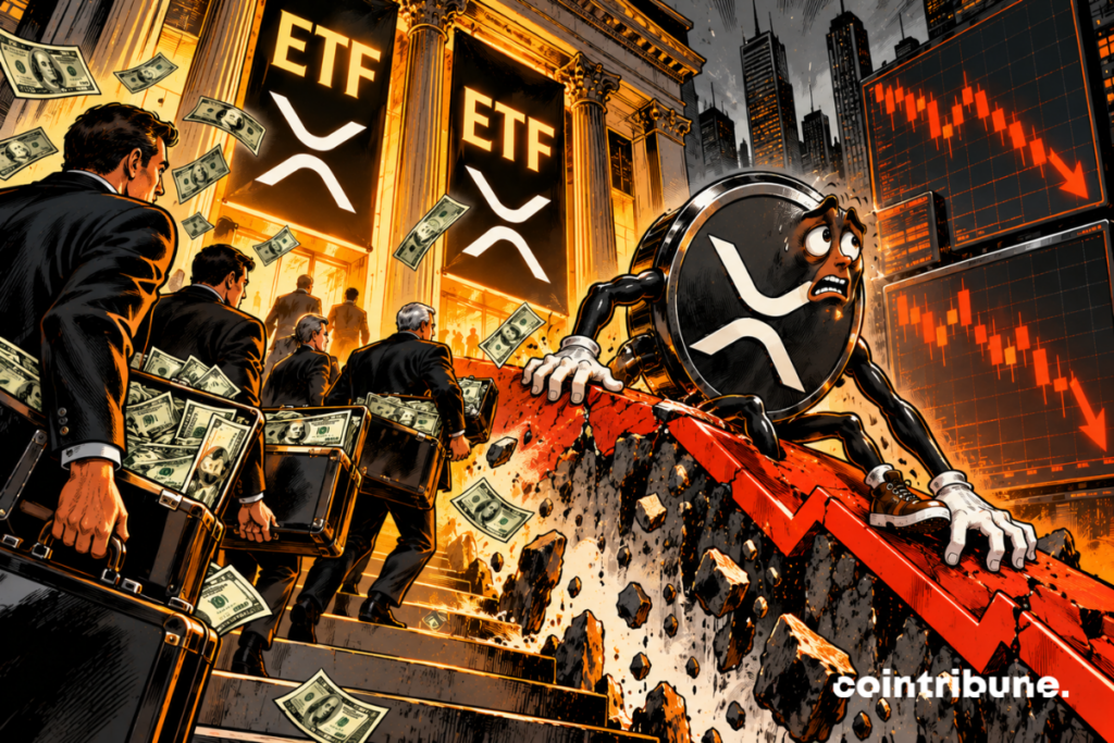 À gauche, des investisseurs institutionnels injectent massivement des capitaux dans les ETF XRP, symbolisant un intérêt croissant. À droite, XRP glisse sur une courbe rouge descendante, malgré ces investissements. Le contraste illustre un paradoxe : l’afflux d’argent vers les ETF ne suffit pas à inverser la tendance baissière du XRP.