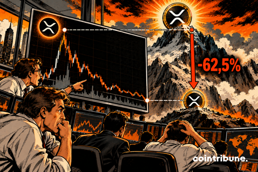La scène illustre la difficulté du XRP à retrouver son sommet historique de janvier 2018, son cours restant inférieur de 62,5 %. Au premier plan, plusieurs traders observent avec inquiétude des écrans affichant des graphiques baissiers. Leurs expressions traduisent la frustration et l’incertitude des investisseurs. À droite, une immense montagne symbolise le sommet historique du XRP, représenté par une pièce lumineuse. Plus bas, une seconde pièce illustre son niveau actuel. La flèche descendante et le chiffre -62,5 % matérialisent cet écart considérable. L’ensemble souligne le chemin restant à parcourir pour retrouver cette valorisation passée.