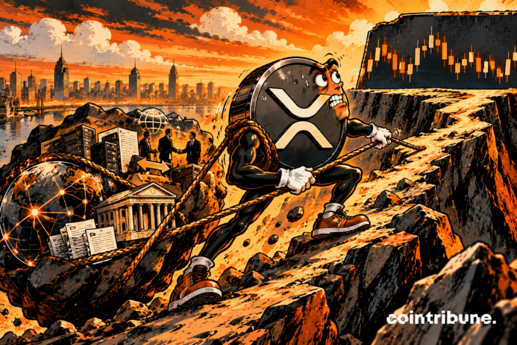 En el centro, XRP sube penosamente una montaña. Su postura, su rostro tenso y el sudor muestran que el activo intenta avanzar, pero que la progresión del precio sigue siendo difícil. No se está cayendo: continúa subiendo, lo que corresponde al «todavía no» del título más que a un escenario francamente bajista. La gigantesca roca arrastrada detrás de XRP representa los avances de la red. En ella se ven servidores, conexiones internacionales, instituciones y actores estrechándose la mano: son metáforas visuales de la infraestructura, la adopción, las alianzas y la actividad de la red. La roca es intencionadamente masiva para mostrar que los fundamentales progresan con fuerza.