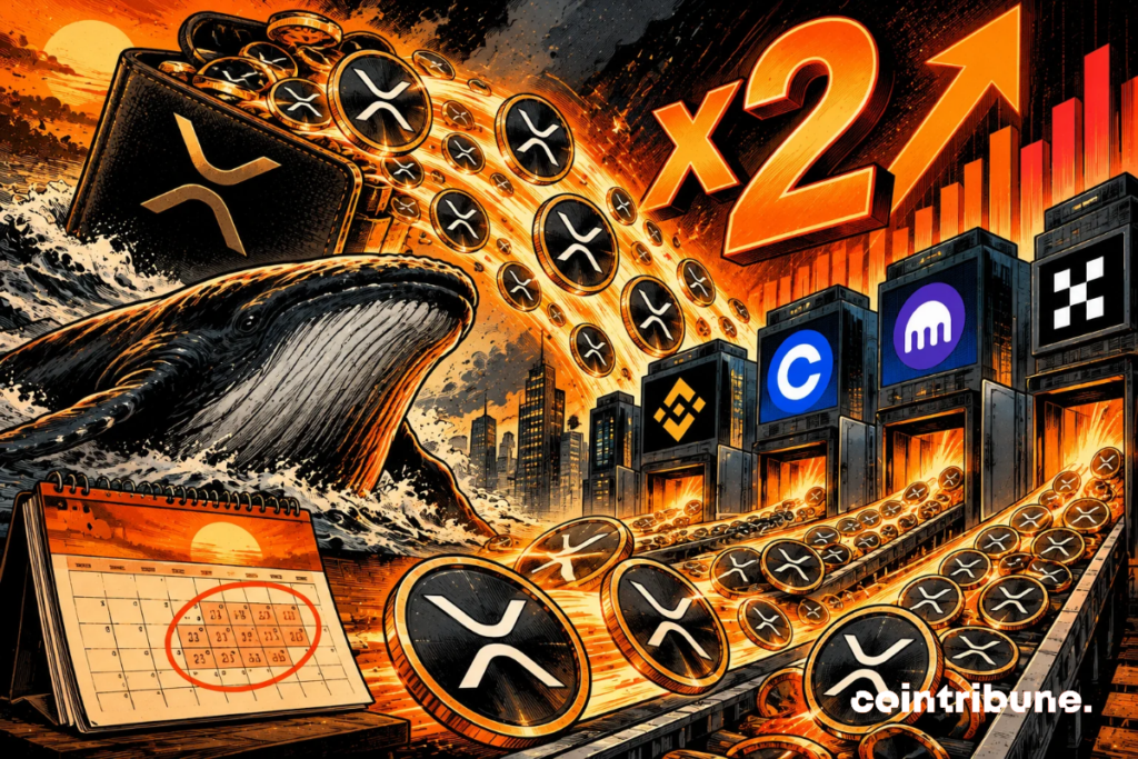 The scene illustrates the doubling of XRP transfers to exchanges since August. On the left, a gigantic whale symbolizes large cryptocurrency holders, while a wallet overflowing with XRP coins represents their reserves. At the center, a dramatic flow of tokens moves toward several exchange platforms, evoking the surge in deposits. The x2 symbol and the ascending arrow highlight this increase. The calendar serves as a reminder of the comparison point in August. Orange lights emphasize the scale of the movement. Overall, it suggests potential selling pressure, without claiming that all of these XRP will actually be sold.