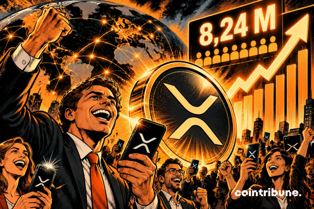 The scene illustrates the record of 8.24 million XRP wallets, reflecting the expansion of its network. In the foreground, an enthusiastic investor holds up their smartphone displaying the XRP symbol, surrounded by a crowd celebrating this milestone. At the center, a gigantic glowing XRP coin symbolizes the cryptocurrency's growing popularity. In the background, a connected globe evokes its international adoption. The 8.24M counter and the ascending arrow highlight this new all-time high. The orange and black colors enhance the visual impact. Overall, it reflects network growth, without guaranteeing an increase in the price of XRP.