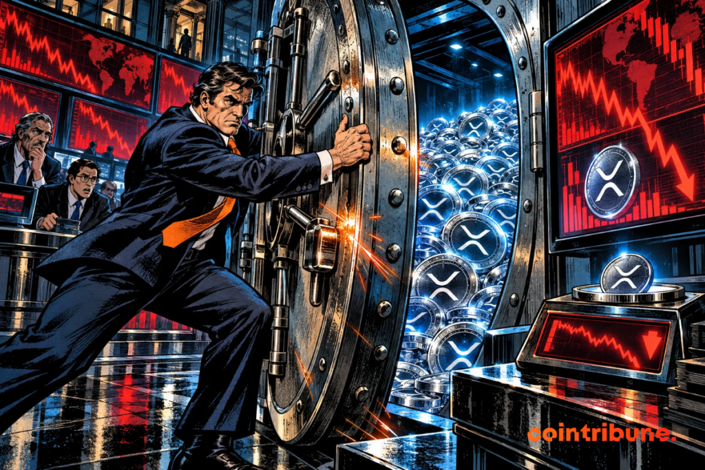 Un gestionnaire verrouille un coffre rempli de crypto XRP, tandis que des graphiques boursiers rouges signalent des pertes.