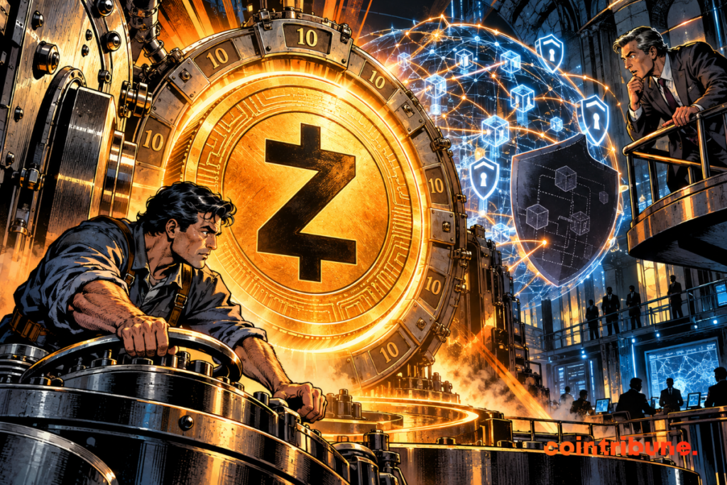 Un ingénieur dévoile une crypto Zcash géante entourée du chiffre 10, sous le regard intrigué d’un analyste institutionnel.