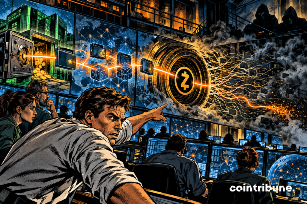 Analysts track a crypto flow being obscured through Zcash inside a cybersecurity operations center.