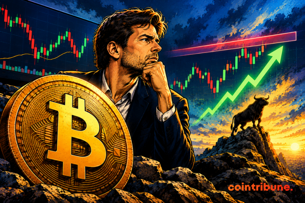 Illustration du bitcoin avec un trader pensif, un graphique de cours en hausse et un taureau face à une résistance technique.