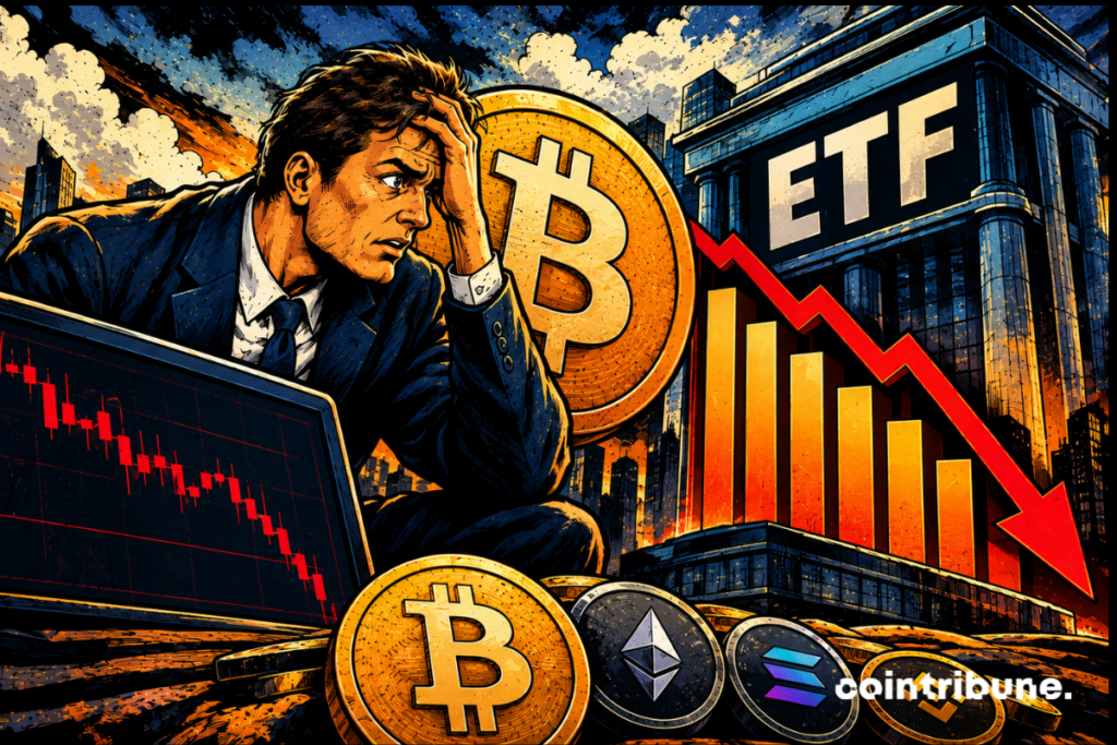 Bitcoin and ETFs falling sharply as a worried investor faces a red market chart