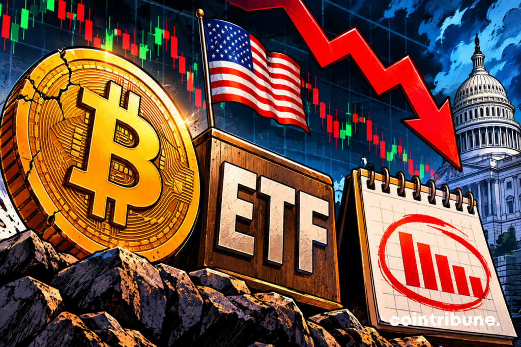 Bitcoin et ETF américains face à une chute des flux, symbolisée par une flèche rouge descendante et un graphique boursier en baisse.