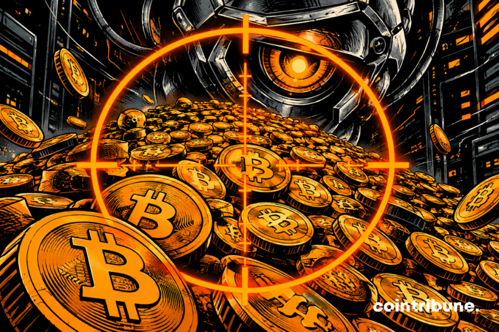 Illustration de bitcoins ciblés par un œil robotique, symbolisant les risques de l’intelligence artificielle pour la sécurité crypto.