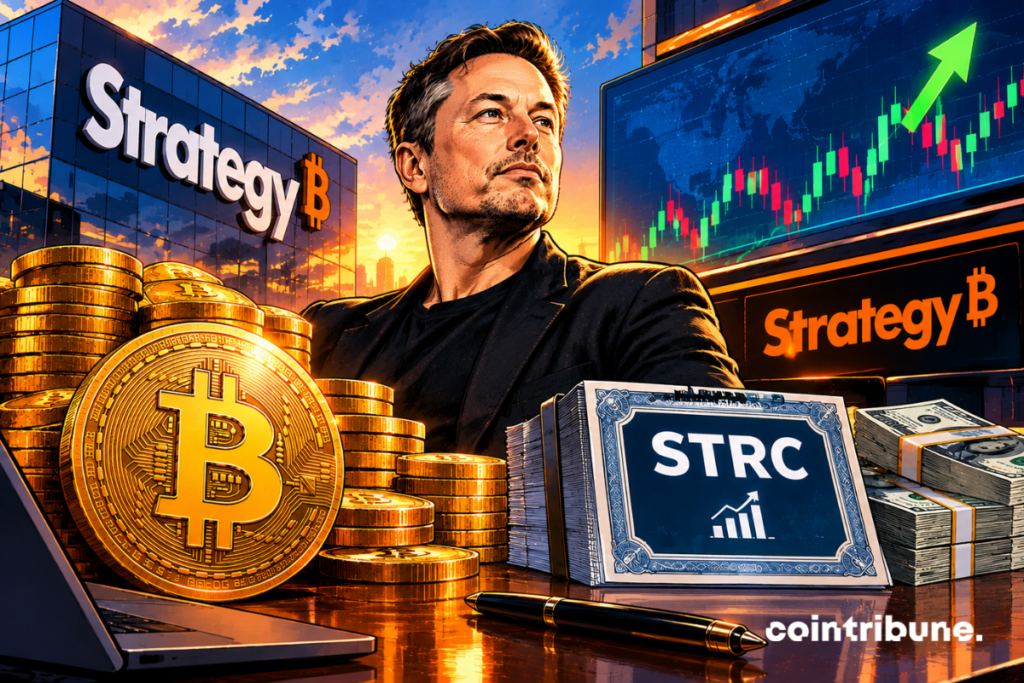 Michael Saylor devant le logo Strategy, des piles de bitcoins, des billets et un graphique boursier en hausse, avec des actions STRC au premier plan.