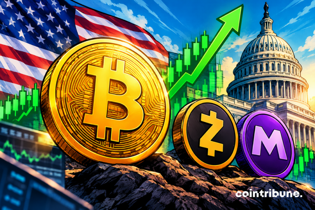 Illustration du rebond du Bitcoin au-dessus de 80 000 dollars, avec les cryptomonnaies Zcash et MemeCore, un graphique haussier, le drapeau américain et le Capitole.