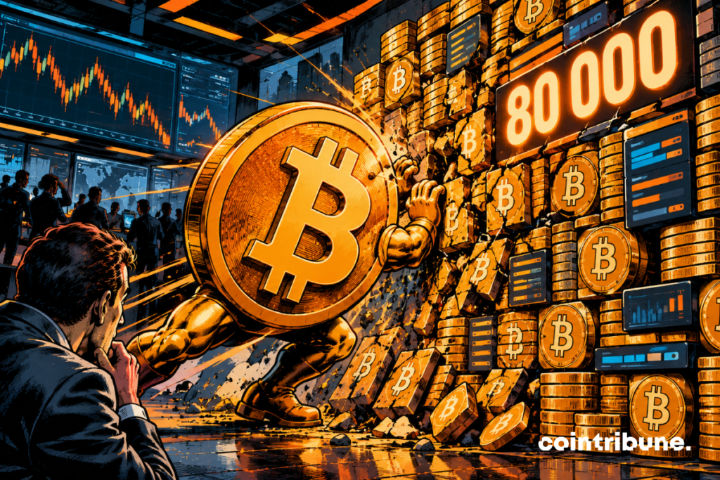 A giant Bitcoin faces a cracked wall at ,000, while a worried trader watches as buying support weakens.