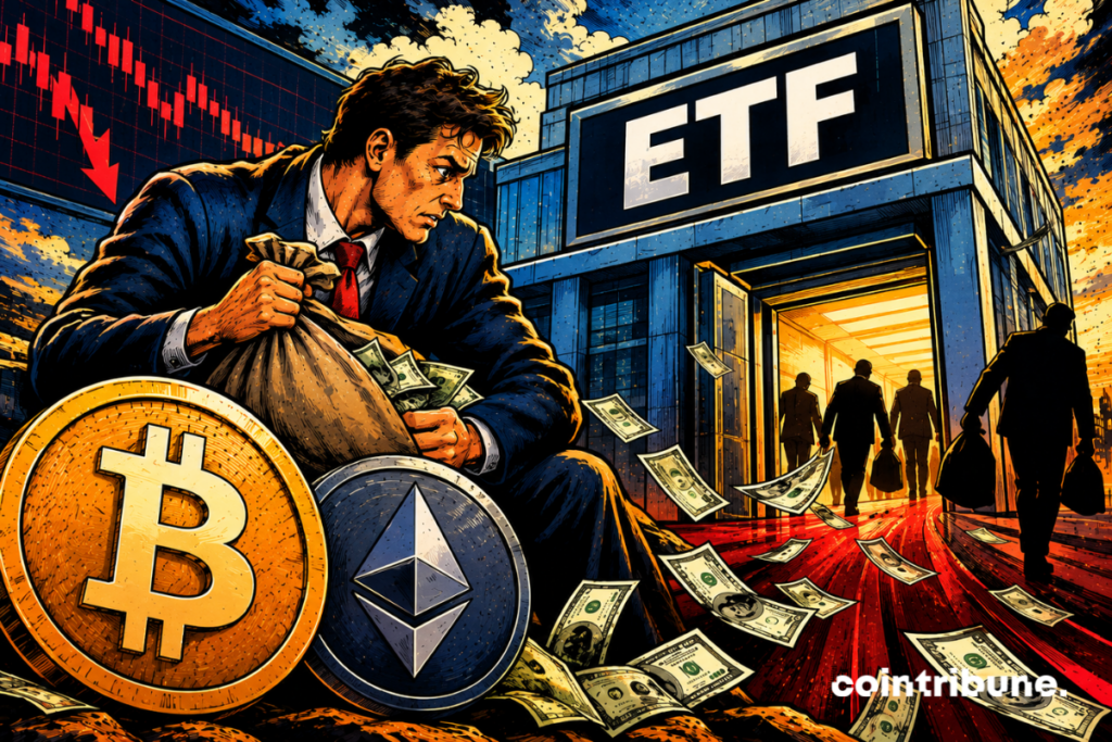 Un investisseur inquiet tient un sac d’argent devant un bâtiment marqué ETF, avec les logos Bitcoin et Ethereum et des billets qui s’envolent.