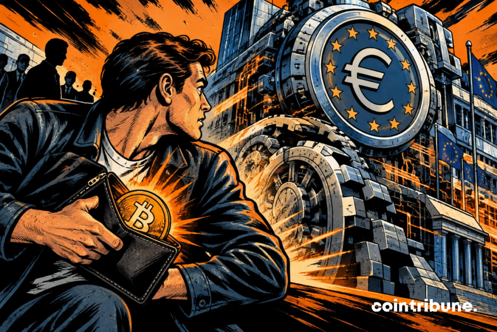 Ilustración al estilo cómic: un hombre sujeta con fuerza una cartera de la que sobresale una moneda de Bitcoin, frente a una moneda mecánica gigante de euro fijada a un edificio europeo.