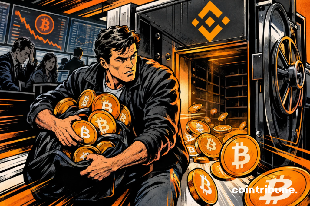 Un coffre crypto se vide tandis que les Bitcoins s’échappent massivement, illustrant la diminution continue des réserves disponibles sur les plateformes.