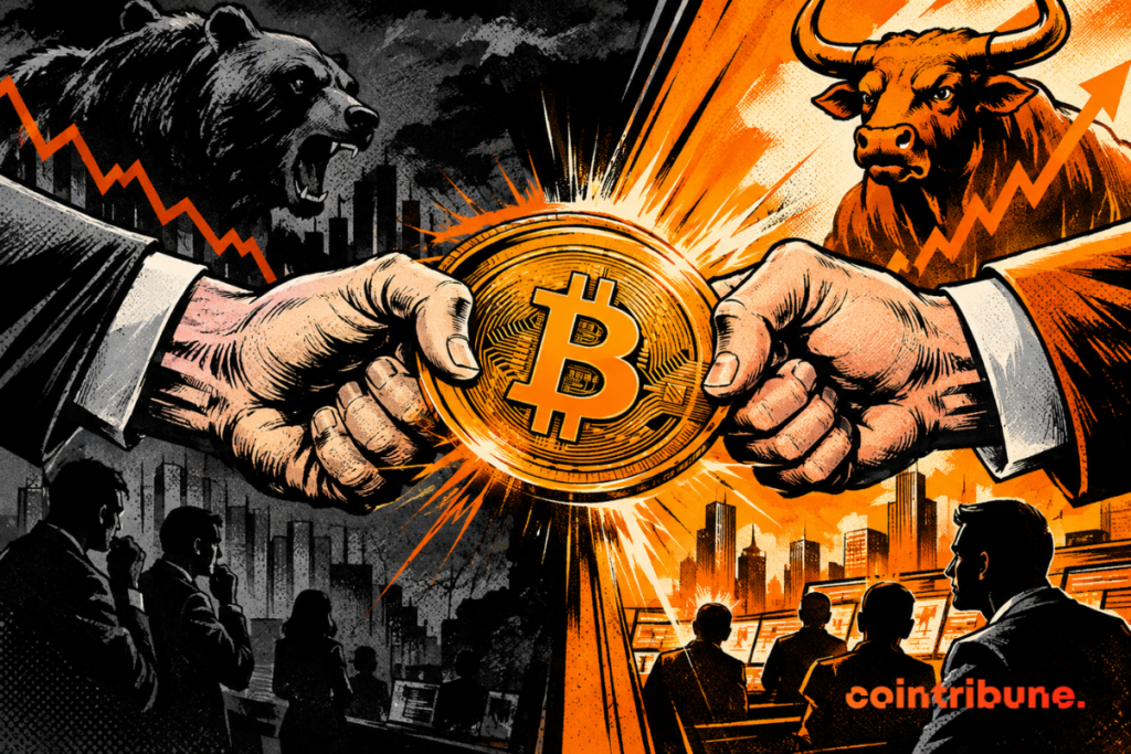 Deux mains tirant en sens opposés sur une pièce Bitcoin orange, entre un marché baissier sombre et un marché haussier lumineux, symbolisant la divergence des indicateurs de sentiment crypto.