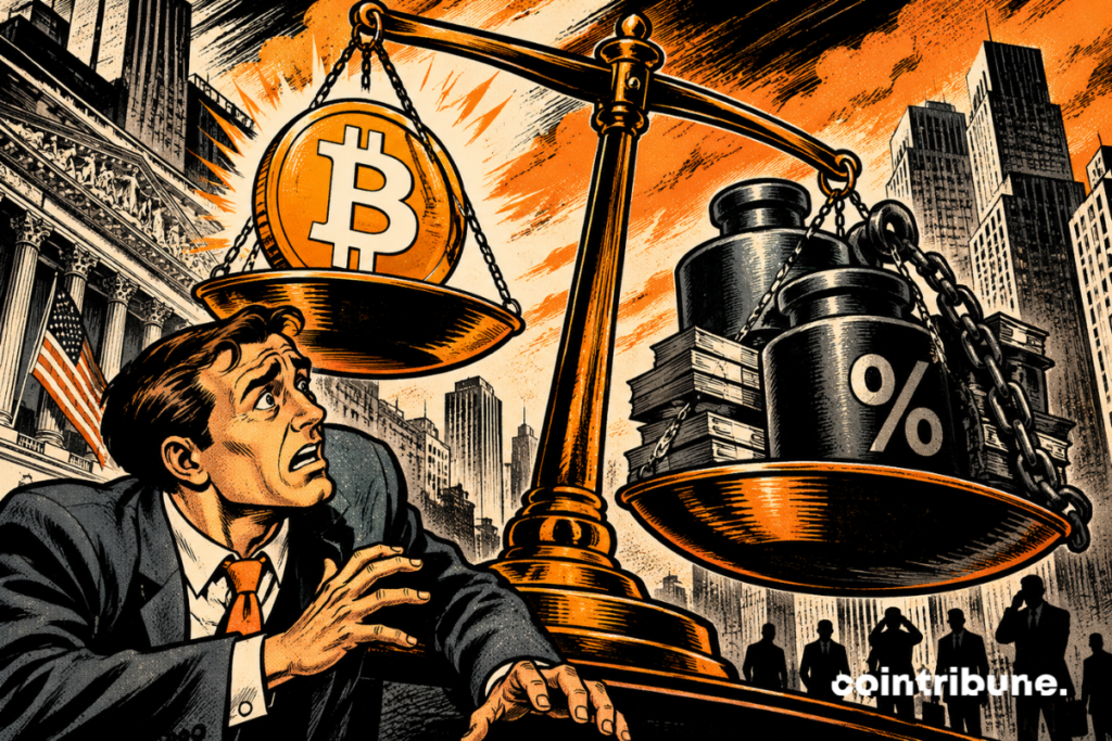 Illustration d’un investisseur inquiet face à une balance opposant un symbole Bitcoin aux taux d’intérêt, représentant le coût du financement.