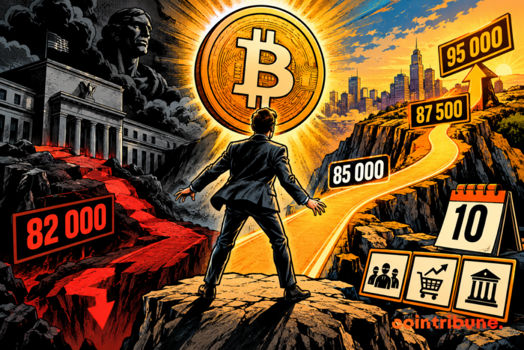 Um trader de cripto diante de um Bitcoin gigante em uma encruzilhada: um caminho escuro desce para US$ 82 mil, enquanto uma trajetória iluminada sobe de US$ 85 mil para US$ 87,5 mil e depois US$ 95 mil. Um calendário marcado com “10” representa outubro, enquanto símbolos econômicos evocam fatores macroeconômicos.