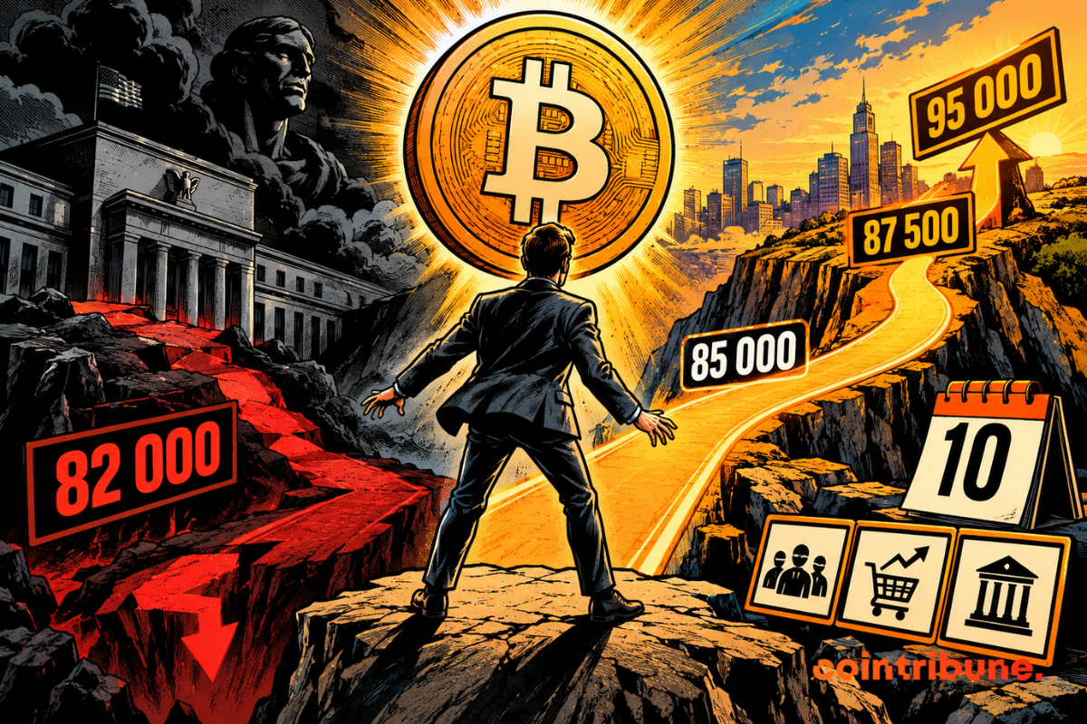 Un trader crypto face à un Bitcoin géant à un carrefour : une voie sombre descend vers 82 000 $, tandis qu’une trajectoire lumineuse grimpe de 85 000 $ à 87 500 $ puis 95 000 $. Un calendrier marqué « 10 » rappelle le mois d’octobre et des symboles économiques évoquent les facteurs macroéconomiques.